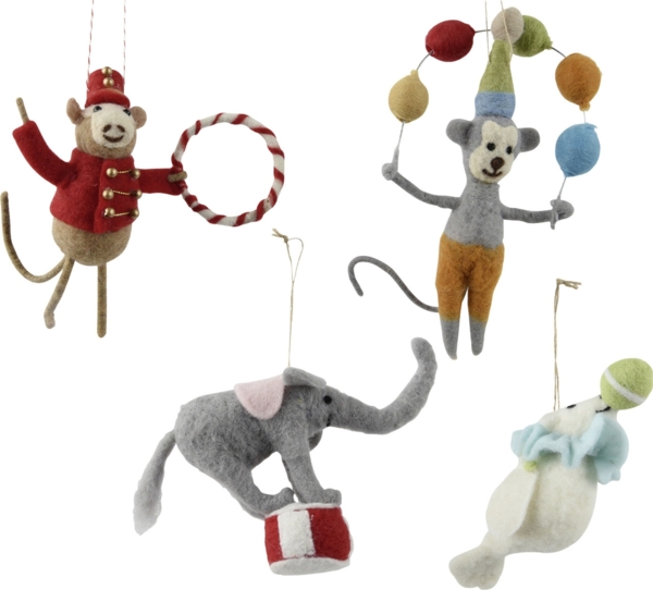 Decoris Weihnachtskugel aus Wolle Zirkustiere 17 cm 4-fach sortiert