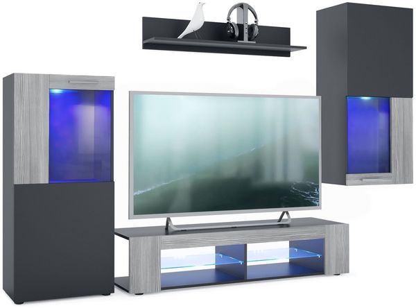 Vladon Wohnwand Movie, Anbauwand bestehend aus 1 TV-Board, 2 Vitrinen und 1 Regal, Schwarz matt/Schwarz matt/Avola-Anthrazit, inkl. LED-Beleuchtung blau (Gesamt: 300 x 190 x 39 cm)