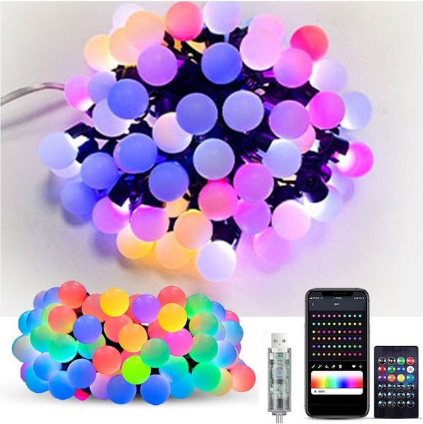 PRIISF LED-Lichterkette LED Lichterkette mit 25/50 Kugeln Beleuchtung RGB Bunt Garten Innen, mit Fernbedienung Bluetooth Smart APP Weihnachtsbäume Xmas Deko