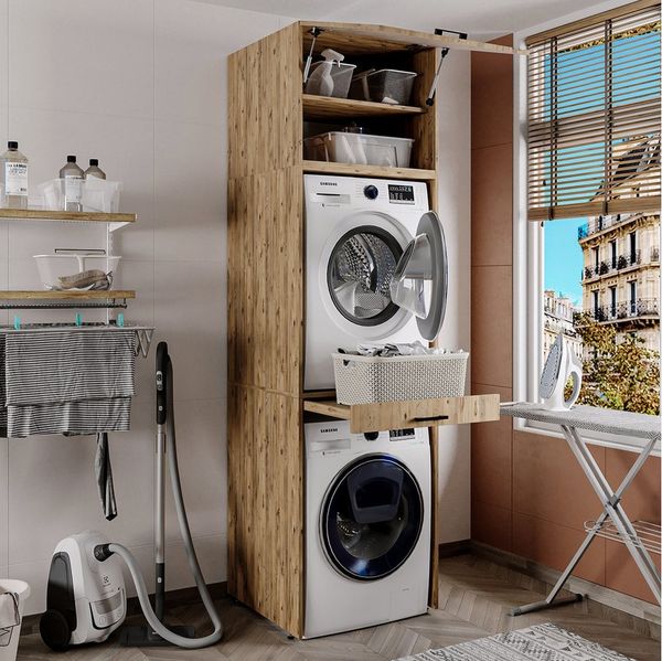 Roomart Waschmaschinenumbauschrank Waschplatz für Waschmaschine & Trockner mit Ausziehbrett & Hochschrank (Waschmaschinenschrank für Trockner und Waschmaschine Überbauschrank)