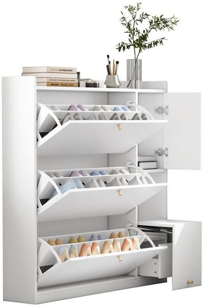 OKWISH Schuhschrank Vielseitiger Kipp-Schuhschrank (mit 3 Klappschubladen & Sitzbank, großer Flur-Organizer aus Spanplatte mit Schublade, Weiß, 1-St, B119/D24/H122 cm) Mit Kippsicherung