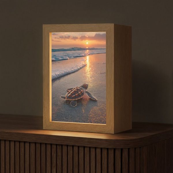 OnlyWow Tischleuchte Lightbox Schildkröte - Strand - Sonnenuntergang, Dimmbar, Farbwechsel, LED, Warmweiß, Kaltweiß, Neutralweiß Einstellbar, Tischlampe, Schreibtischlampe, Desk, Dimmbar, mit Kabel, LED