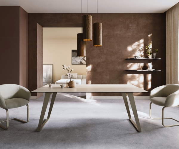 Esstisch Edge 200x100 Keramik Laminam® Travertino Bianco Creme-Weiß Metall Schräg Effektfinish Titan