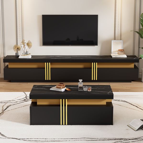 TV-Schrank & Couchtisch Set, schwarz mit Marmoroptik, 200x40x42 cm & 100x50x40 cm