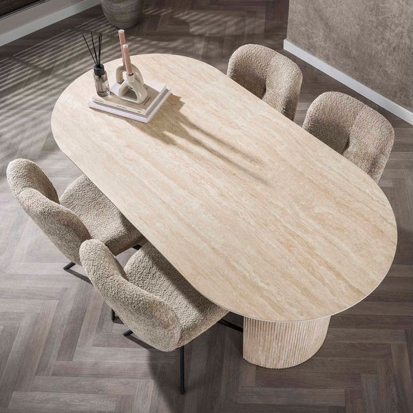 LEVEN Lifestyle Esstisch Esszimmertisch FLORENZO Eleganz in Travertin-Optik 180 cm oval, hochwertige Keramik-Tischplatte im Travertin Look