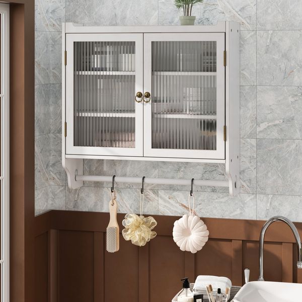 Wandschrank 63 x 60 x 18 cm mit Glastüren – Hängeschrank in Weiß gewaschen aus Massivholz, MDF und Glas