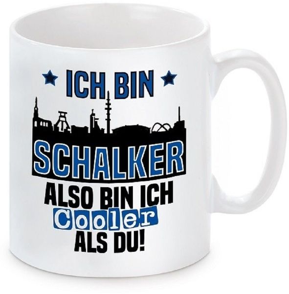 Herzbotschaft Tasse Kaffeebecher mit Motiv Ich bin Schalker also bin ich cooler als du, Keramik, Kaffeetasse spülmaschinenfest und mikrowellengeeignet