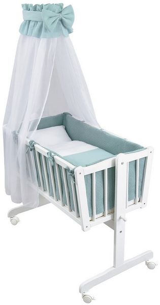 Baby-Delux Stubenbett Babywiege Komplettset Waffelpique Musselin, Schaukelwiege Weiß 90x40cm Komplett Bettset Wiegenset