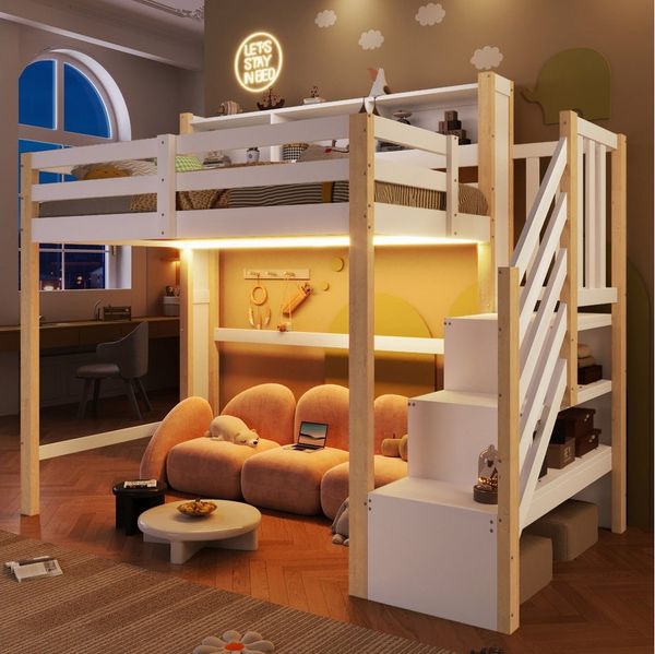 Merax Hochbett mit LED-Beleuchtung (1-St, Massivholz Jugendbett Einzelbett) Kinderbett 90x200cm mit Stauraumtreppe, Lagerregalen & Staufächern