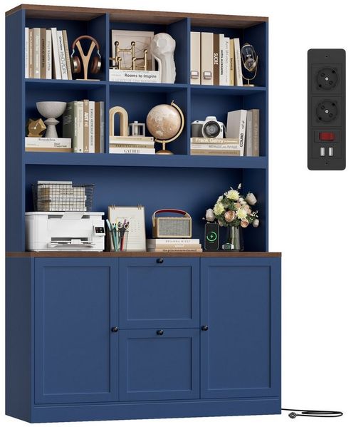 Homfa Bücherregal 182 cm Aktenschrank Mehrzweckschrank, mit Steckdose, 2 Türen und 2 Schubladen für Hängemappen A4, blau
