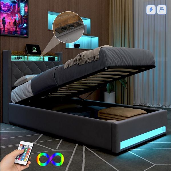 HAUSS SPOLE Polsterbett 90x190cm mit USB, 2 Steckdosen, LED-Beleuchtung Metallrahmen Grau (LED Doppelbett mit Lattenrost, Ohne Matratze), Modernes Design Jugendbett