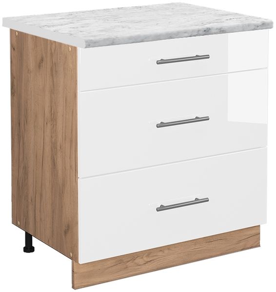 Küchenunterschrank Fame-Line Weiß Hochglanz 80 cm mit 3 Schubladen, AP Marmor Vicco