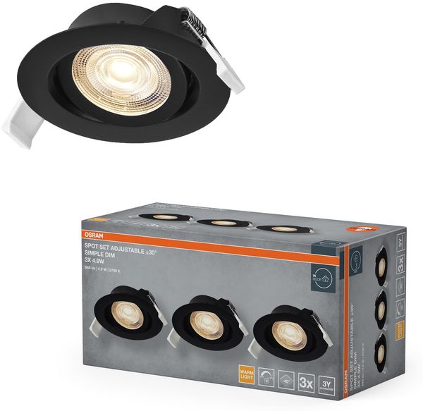 Osram Spot Set LED Einbaustrahler Simple DIM, 4,9W 827 Schwarz, 3er Set dimmbar Wandschalter, warmweiß 2700K