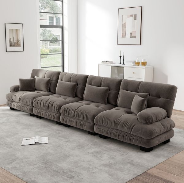 Ecksofa 81cm×406cm×77cm 4-Sitzer modular – Tiefensitz, Vintage-Chenille in Braun