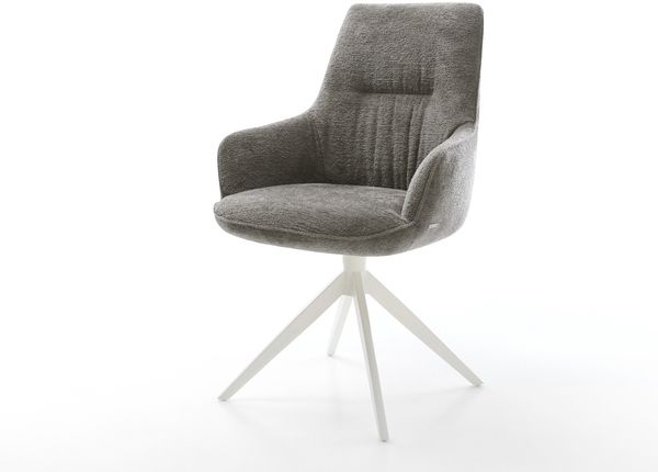 Drehstuhl Zelia-Flex mit Armlehnen Bouclé Soft Schlamm Kreuzgestell breit Weiß 360° drehbar Wippfunktion Taschenfederkern