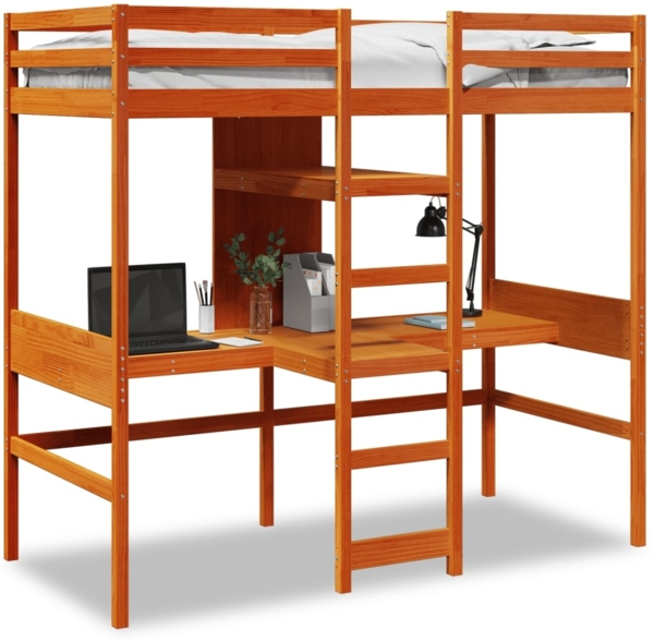 vidaXL Hochbett ohne Matratze Wachsbraun 75x190 cm Massivholz Kiefer 3308552