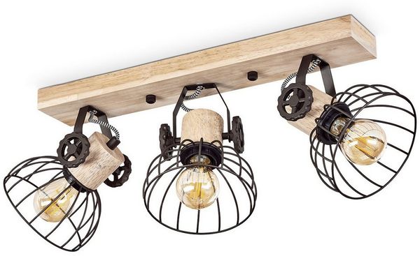 hofstein Deckenleuchte »Cotes« Deckenlampe aus Holz/Metall, Natur/Braun Schirme, Gitter-Optik, ohne Leuchtmittel, Leuchte m. Holzbalken, Textilkabeln u. verstellbaren Strahlern, 3xE27