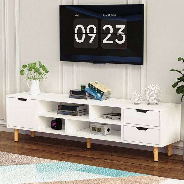 oyajia Lowboard Moderne TV Schrank mit Beinen, grifflose TV-Board Weiß Lowboard 140cm
