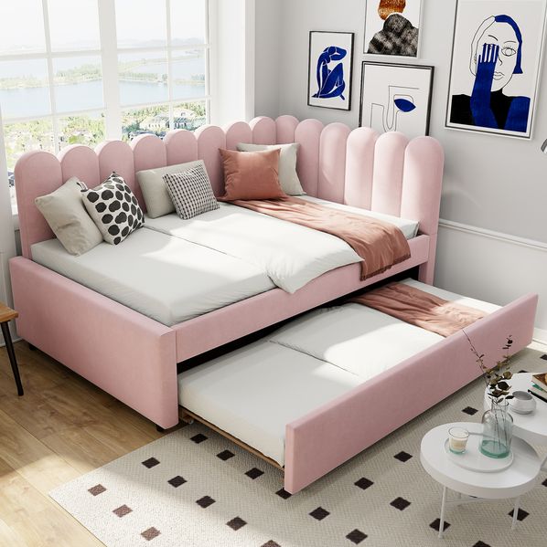 Polsterbett 140x200 cm aus Samt mit Ausziehbett – L‑förmiges Schlafsofa mit blütenförmiger Rückenlehne