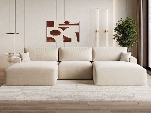 GRAINGOLD Ecksofa Serene U, Couch U-Form mit Schlaffunktion, Wohnlandschaft, Losen Kissen, Velour-Stoff, Beige