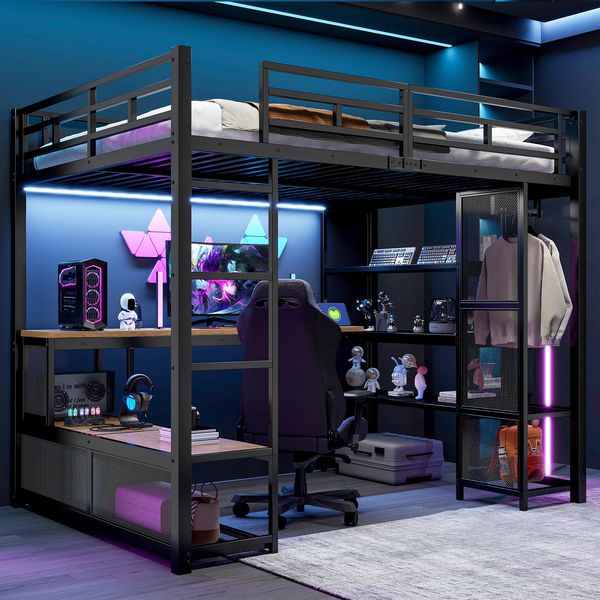 Merax Hochbett Kinderbett 140x200cm Jugendbett mit Stauraum, offenem Kleiderschrank, USB-Anschluss und LED-Beleuchtung, Schwarz