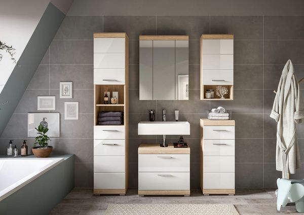 welltime Badmöbel-Set Siena, 5 teilig, bestehend aus:, (Set, 5-St, TOPSELLER), Hochschrank, WBU, Spiegelschrank, Unterschrank, Hängeschrank