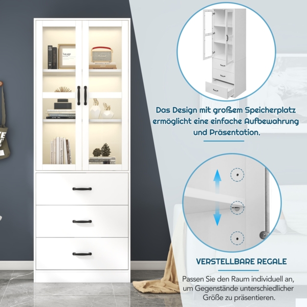 Vitrine weiß mit LED Beleuchtung, Glasschrank 200 cm hoch, moderne Glasvitrine mit 2 Glastüren, 3 Schubladen Bild 9