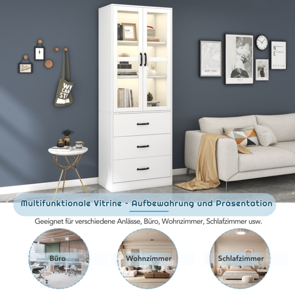 Vitrine weiß mit LED Beleuchtung, Glasschrank 200 cm hoch, moderne Glasvitrine mit 2 Glastüren, 3 Schubladen Bild 7