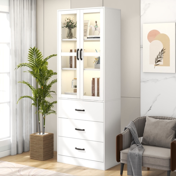 Vitrine weiß mit LED Beleuchtung, Glasschrank 200 cm hoch, moderne Glasvitrine mit 2 Glastüren, 3 Schubladen Bild 5