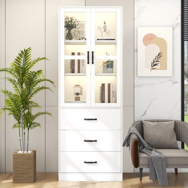 Vitrine weiß mit LED Beleuchtung, Glasschrank 200 cm hoch, moderne Glasvitrine mit 2 Glastüren, 3 Schubladen Bild 4