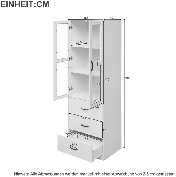 Vitrine weiß mit LED Beleuchtung, Glasschrank 200 cm hoch, moderne Glasvitrine mit 2 Glastüren, 3 Schubladen Bild 10