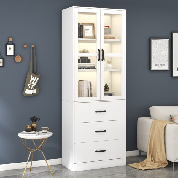 Vitrine weiß mit LED Beleuchtung, Glasschrank 200 cm hoch, moderne Glasvitrine mit 2 Glastüren, 3 Schubladen Bild 2