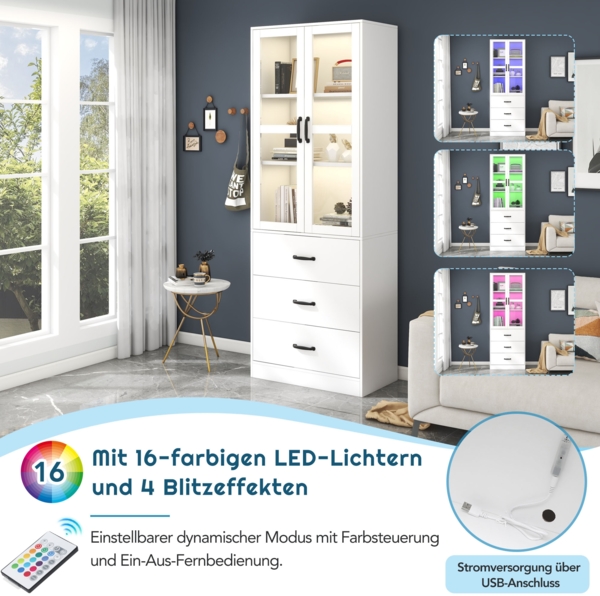 Vitrine weiß mit LED Beleuchtung, Glasschrank 200 cm hoch, moderne Glasvitrine mit 2 Glastüren, 3 Schubladen Bild 8