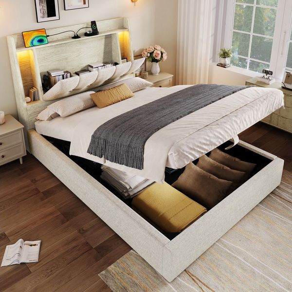 TavilaEcon Boxspringbett Polsterbett mit innovativem Design im Kopfteil & LED-Lichtleiste (1-St), mit USB- und Typ-C-Anschlüsse, 90×200cm, beige