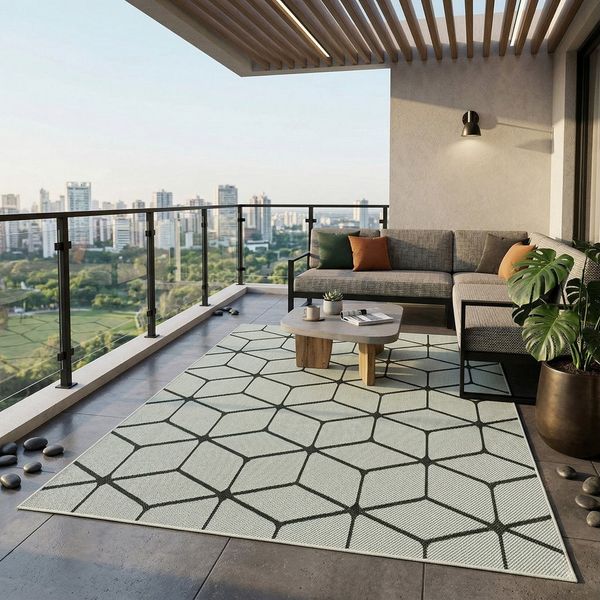 Vimoda Outdoorteppich In- & Outdoor Teppich Bienenstock Optik Raute Muster, für Balkon Küche, Rechteckig, Höhe: 4.5 mm, Robuster Flachgewebe Läufer Outdoor in Creme & Schwarz