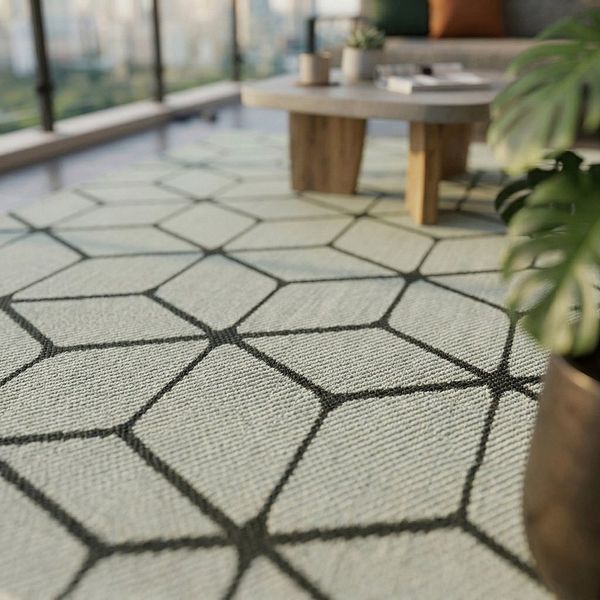 Vimoda Outdoorteppich In- & Outdoor Teppich Bienenstock Optik Raute Muster, für Balkon Küche, Rechteckig, Höhe: 5 mm, Robuster Flachgewebe Läufer Outdoor in Creme & Schwarz Bild 4