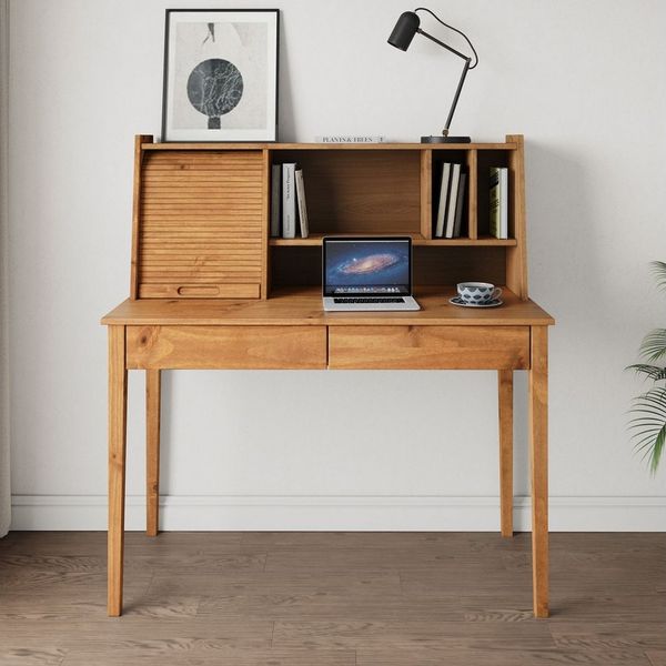 IDIMEX Schreibtisch ALISA, Massivholz Schreibtisch mit 2 Schubladen und Rollladen Eiche Finish