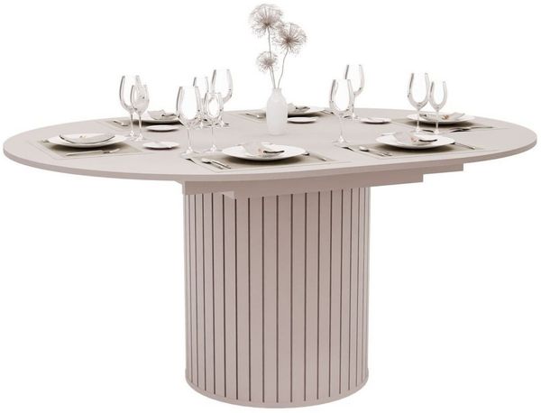 yourhouse24 Esstisch LINNEA Ø120-160cm Ausziehbar Säule Lamellen (Einzeltisch, 1-St, 1x Esstisch), Säule in Lamellen-Optik, Kaschmir & Schwarz