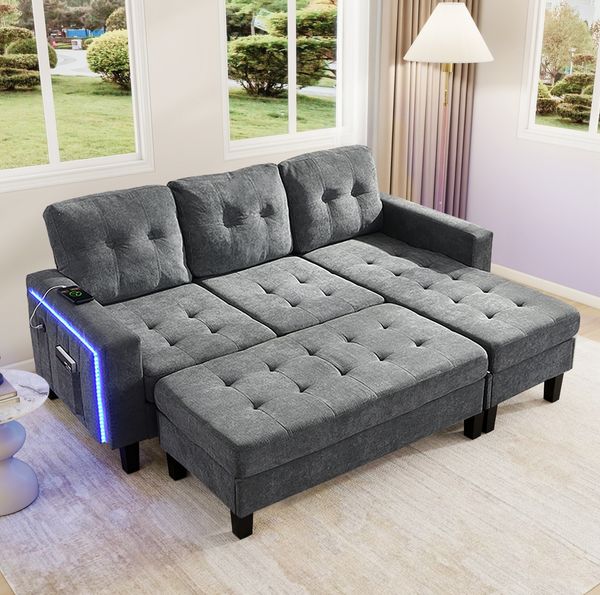 L-Form-Schlafsofa 156x115 cm mit XXL-Fußbank, LED-Beleuchtung und USB-Anschluss – modular in Antique Gray