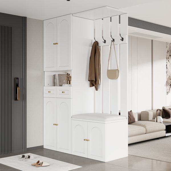 Flurbank Schuhschrank mit Haken und 2 Schubladen Flurmöbel Aufbewahrung Weiß Modern Eingangsbereich