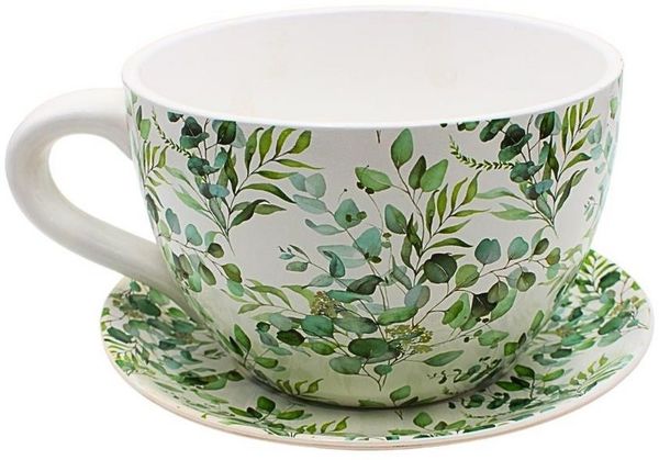 Dekohelden24 Blumentopf, Pflanztasse, Pflanzkübel, Pflanzgefäß, Blumenkübel, Pflanztopf. Übertopf als Tasse mit Griff aus Keramik, Motiv: Ranke, L/B/H 25 x 23 x 14 cm.