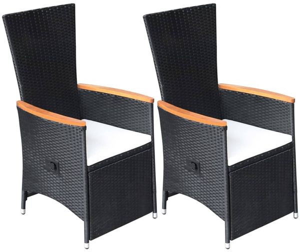 Garten-Liegestühle 2er Set, Sonnenliege, Liegestuhl mit Auflagen Poly Rattan Schwarz