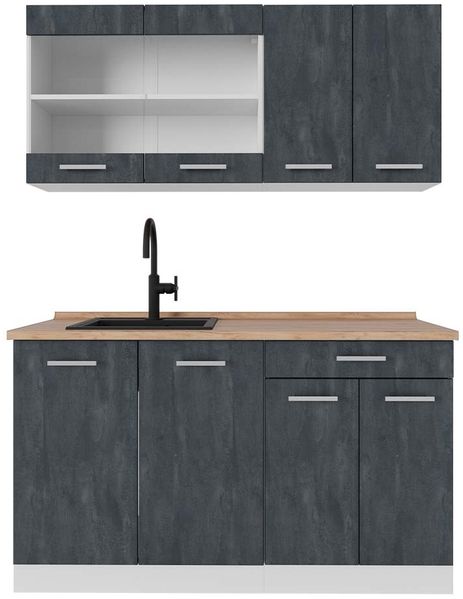Küchenzeile R-Line Schwarz Beton/Weiß 140 cm AP Eiche Vicco