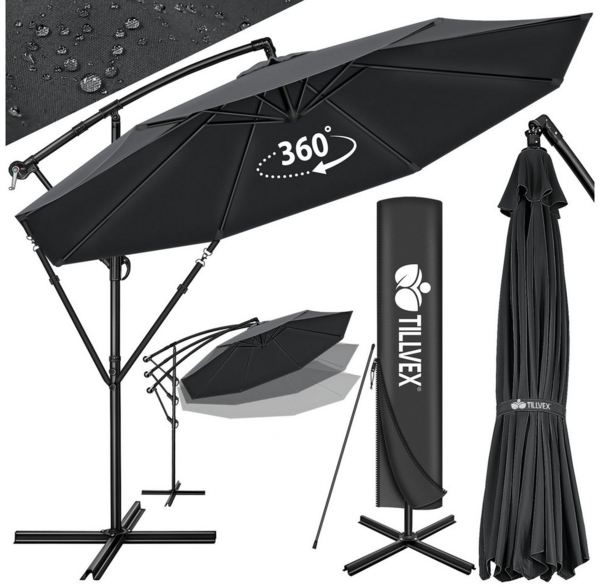 tillvex Sonnenschirm Anthrazit Ø 350 cm Ampelschirm Gartenschirm Marktschirm Kurbel Balkon Alu Neigbar Anthrazit - Ø350cm