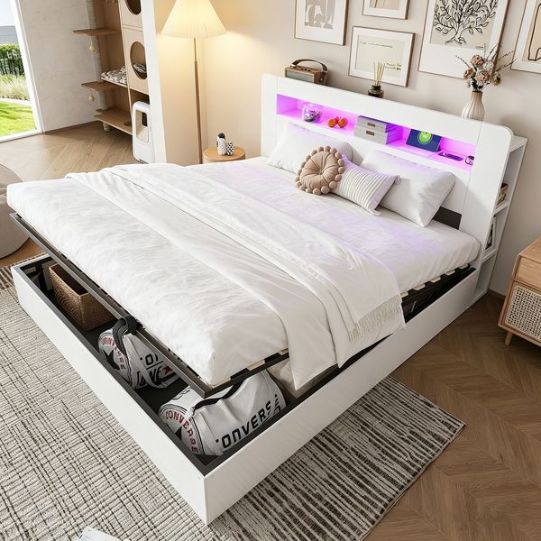 Merax Doppelbett, 180 x 200 cm Holzbett, Bettgestell mit Stauraum aus Holz, hydraulischem Hubsystem, LED-Kopfteil, integrierten Steckdosen und Staufächern, Weiß