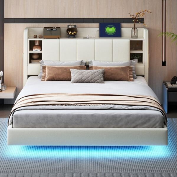 Flieks Polsterbett, LED Schwebebett Doppelbett 160x200cm mit USB-Aufladen & Stauraumfächer