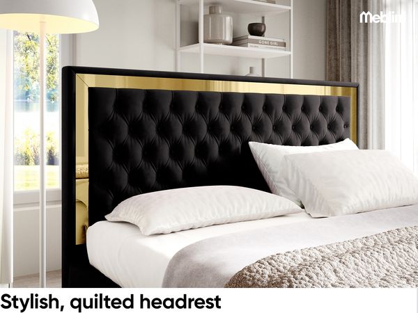 MEBLINI Polsterbett 180x200 mit Lattenrost ohne Matratze – ARONA GOLD – Schwarz Samt – Doppelbett mit Bettkasten - Stauraumbett - Kopfteil Bett mit Stauraum Bild 4