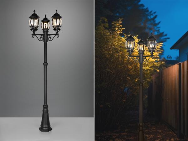 LED Mastleuchte 3-flammige Laterne Aluminium Schwarz, Höhe 240cm