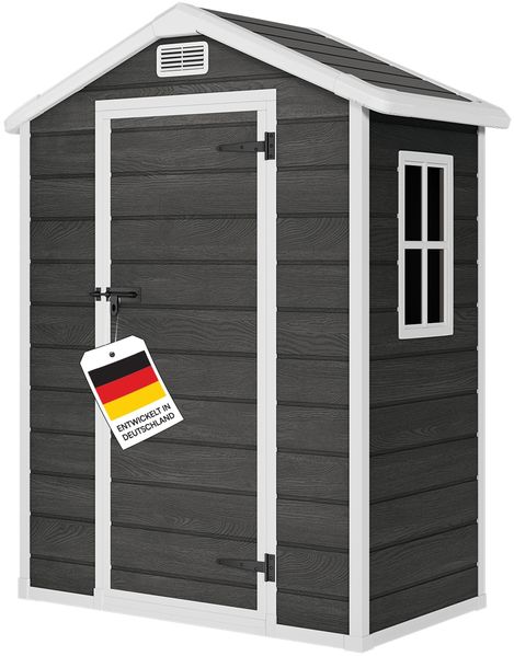 STEELSØN 'Novara' Gerätehaus Satteldach, Kunststoff, dunkelgrau mit Holzoptik, wetterfest, 202x103x134 cm, abschließbar, Gartenhaus mit Fenster