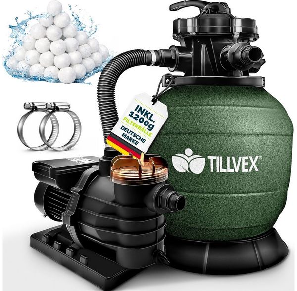tillvex Sandfilteranlage 13.200L/h mit 1200g Filterbällen + Pumpe (Poolfilter Selbstansaugend Sandfilter Schwimmbecken, Filteranlage 7-Wege Ventil & 2in1 Adapter Ø32-38mm), Pool 13.200L/h bis 40.000L + 1200g Filterbälle